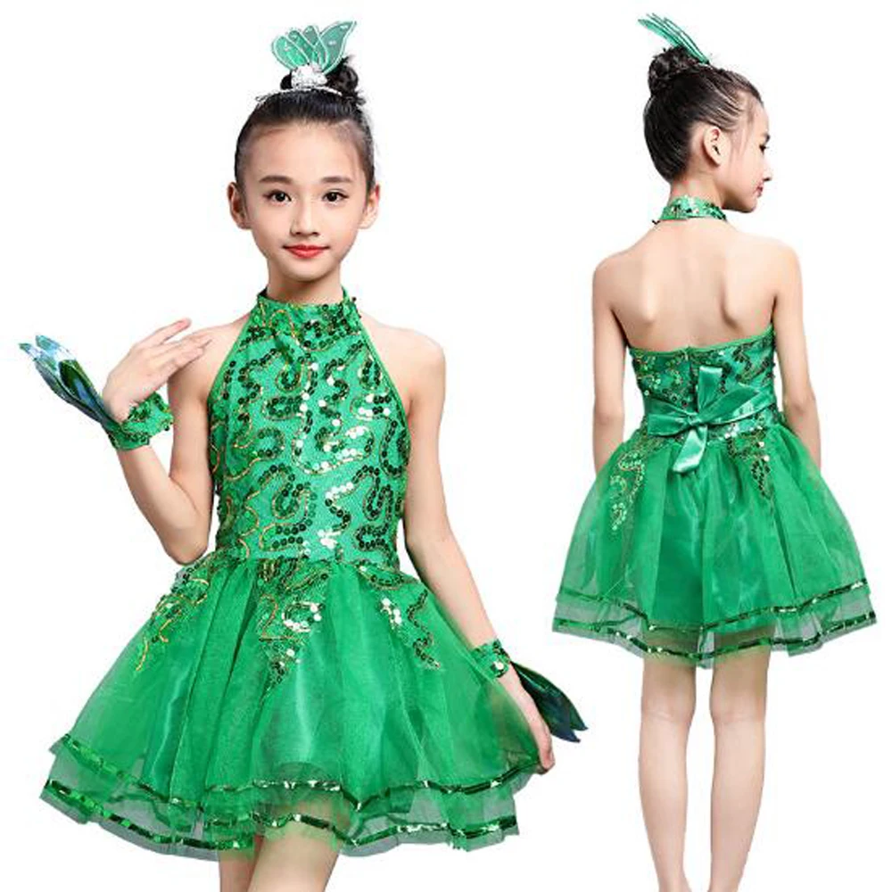 

Bling Girl Latin Dancewear Kids Veil Dresses Students Green Tutus Sequined Stage Perform Costumes with Gift Flowers