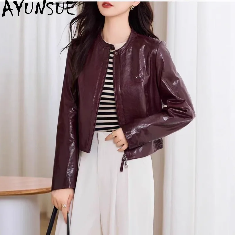AYUNSUE Women's Real Leather Jacket Fashion Oil Wax Sheepskin Jackets for Woman Casual Retro O-neck Tops Woman Clothes Jaqueta