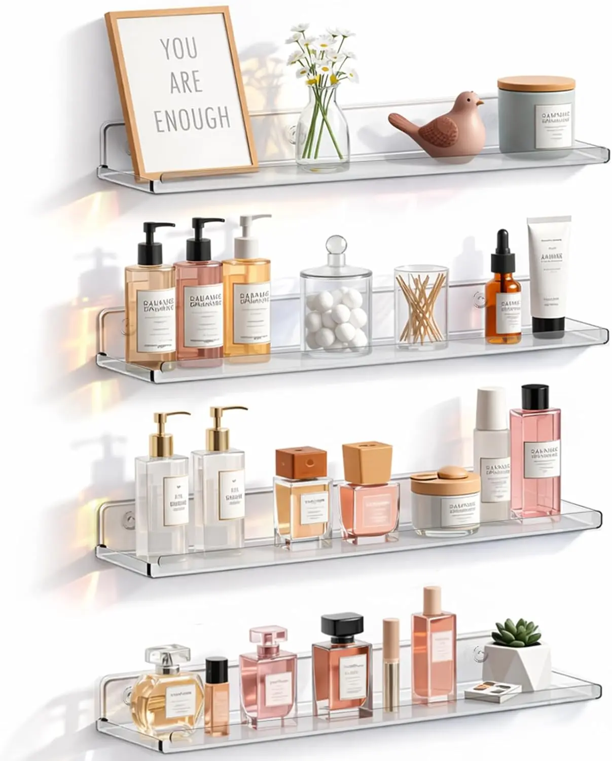 

14 Inch Acrylic Floating Shelves 4 Pack Clear Wall Organizer for Perfume Makeup Nail Polish Books Nursery Living Room