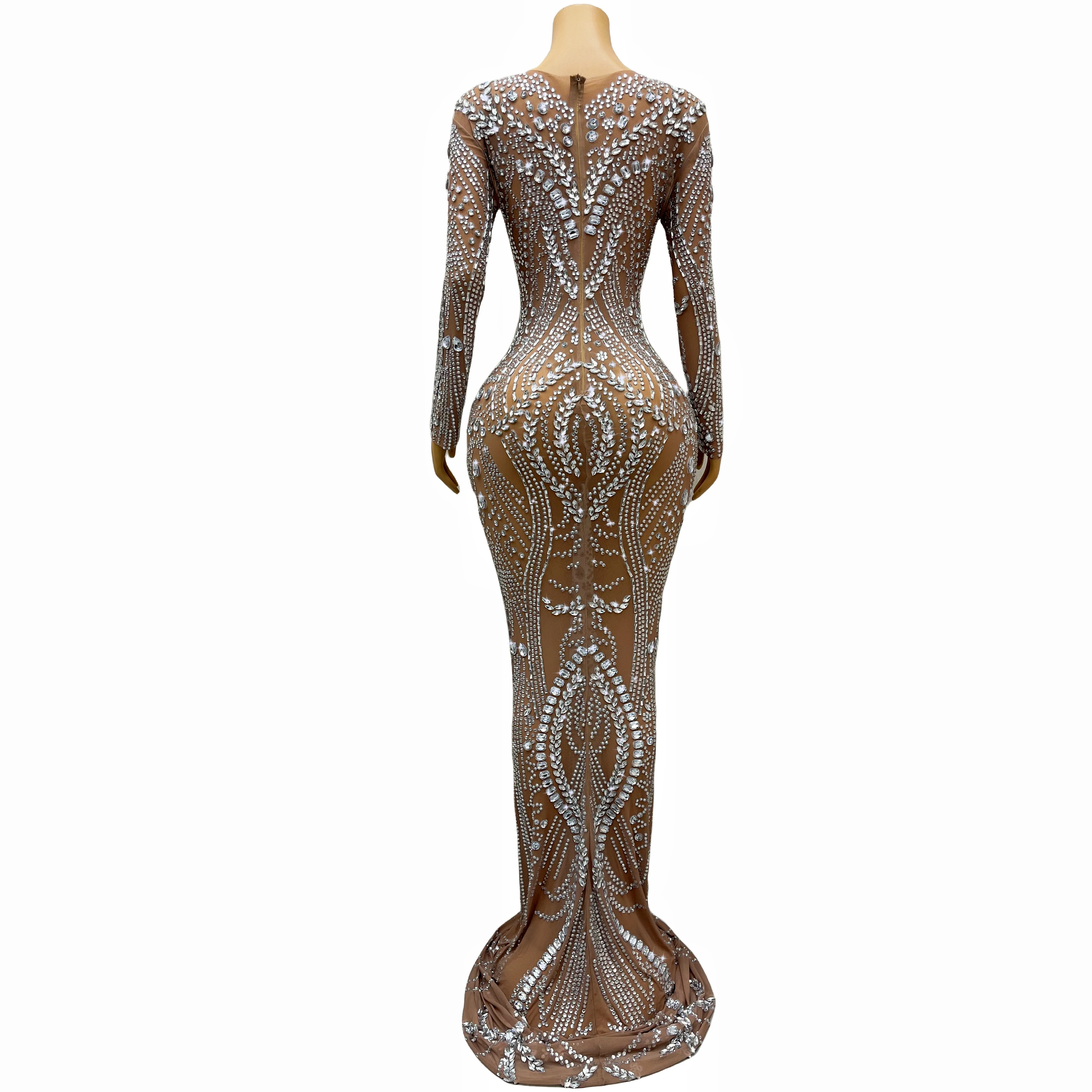 Sparkly Silver Rhinestones Long Sleeves Crystals Long Train Dress Nude Mesh Birthday Celebrate Costume Performance fulin