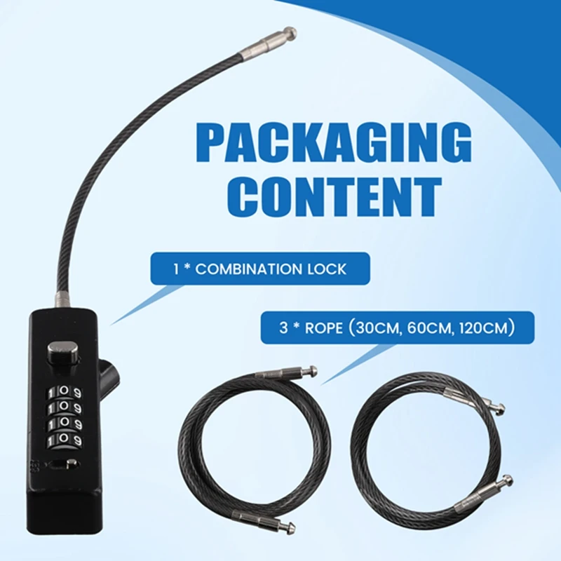 T81C Cable Locks With Combination, 4-Digit Combination Lock With 3 Replaceable Different Lengths Steel Rope, For Cabinets