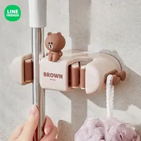 LINE FRIENDS Brown Cony Punch Free Bathroom Wall Mounted Double Head Mop Rack Anime Kawaii Home Broom Storage Bathroom Mop Hook