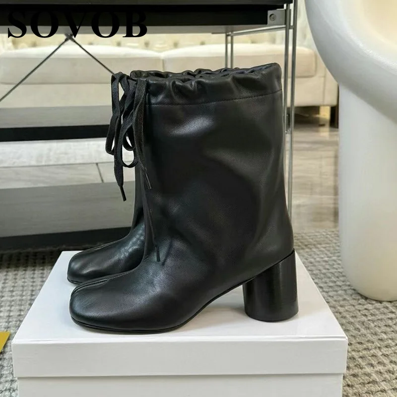 

New Spring Autumn Genuine Leather Split Toe Mid Calf Boots Women's Chunky High Heels Elastic Band British Style Modern Boots