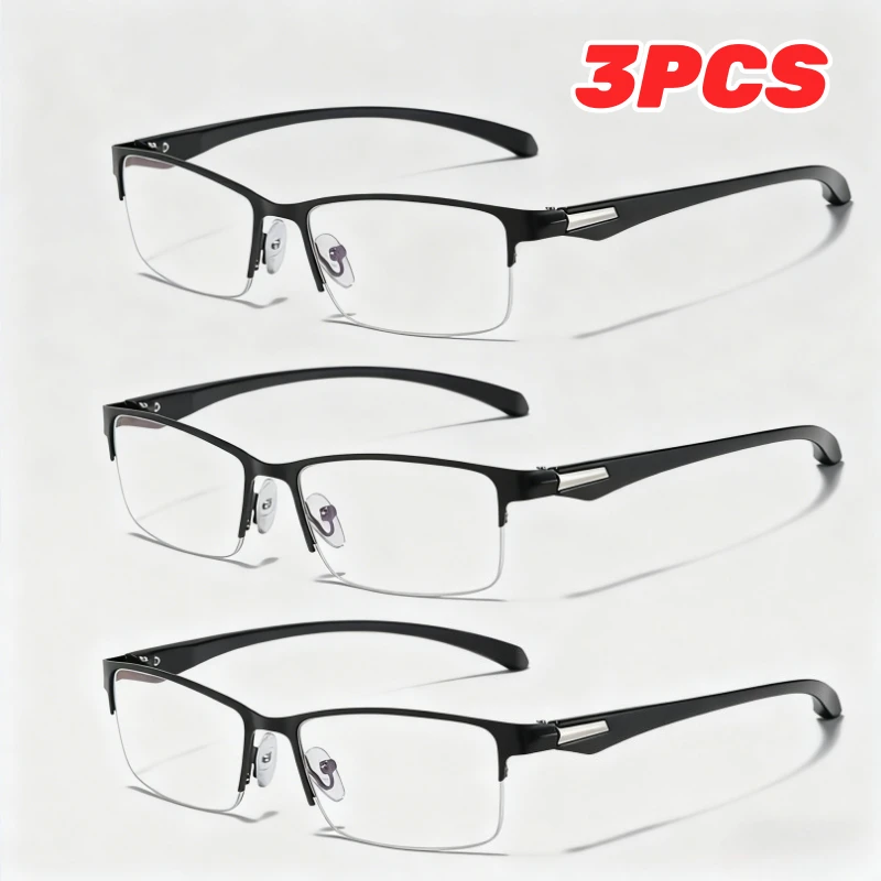

3PCS Men's Fashion Square-Frame Business Reading Glasses Metal Half Frame Single-Vision High-Definition Anti-blue Light Eyewear
