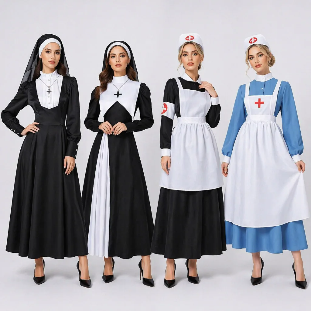 Retro Medieval Nun Nurse Cosplay Costume Long Dress Outfit For Halloween Stage Role Play Party Adult Women