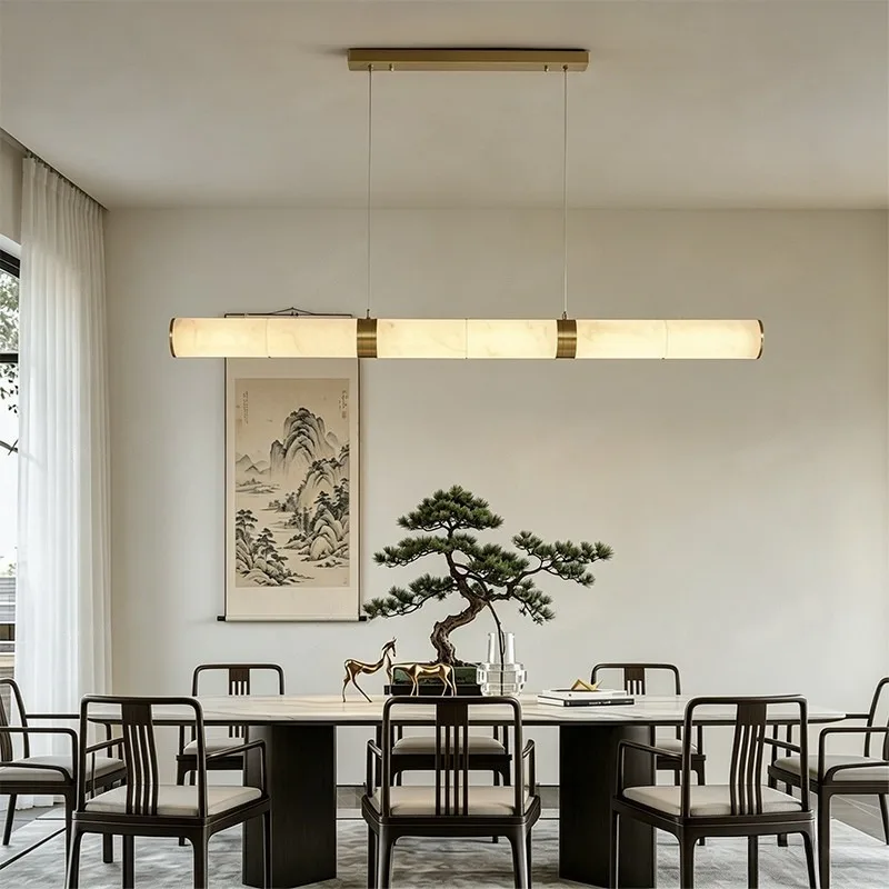 Mid-century Modern Linear Chandelier Full Copper Body Marble Shade Zen Aesthetic For Dining Room Office Study
