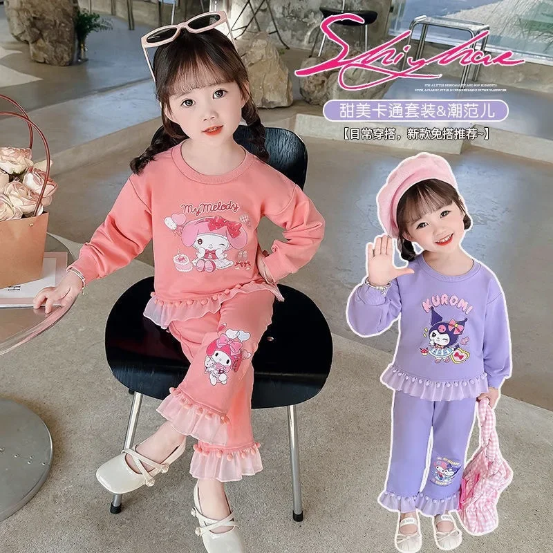 Sanrio Melody Kuromi-Sudadera con capucha de manga larga de encaje para niñas, ropa de algodón para niñas pequeñas, trajes lindos, Tops, Pantalones suaves, conjuntos para recién nacidos, otoño