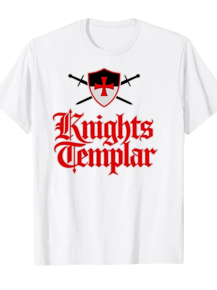 Knights Templar Medieval Knight Graphic with Cross Shield & Crossed Swords Design-100%cotton O-neck printed men's T-shirt.