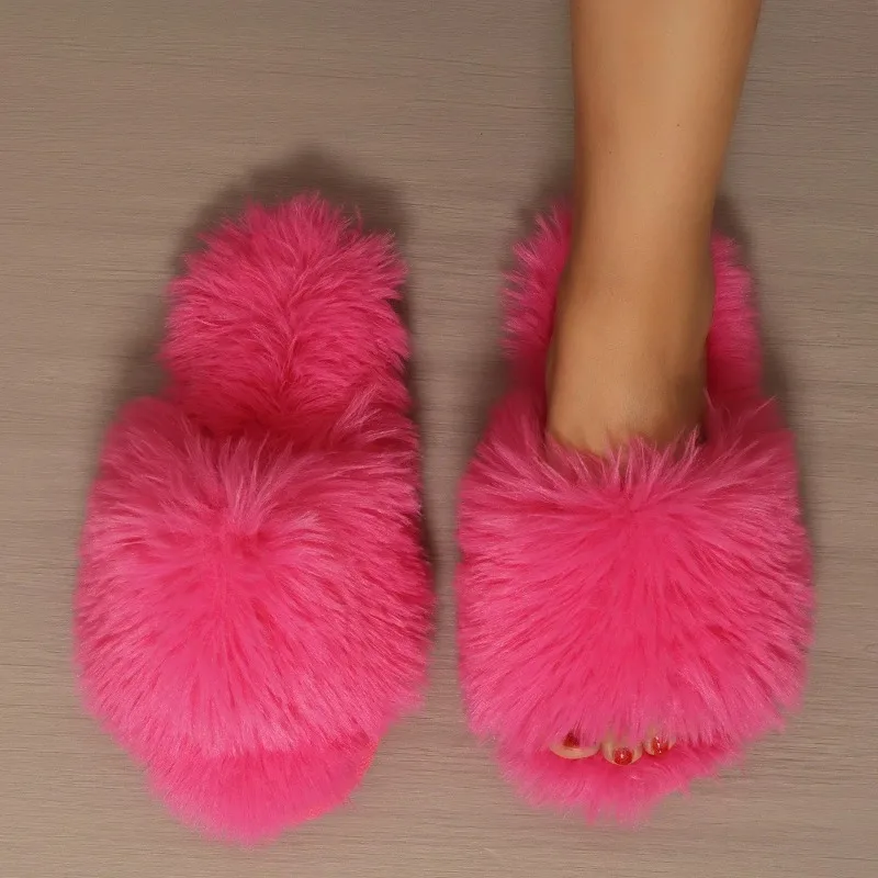 

Women's Indoor Slippers 2024 Autumn and Winter New Faux Fur Home Lazy Shoes Soft Sole Girls Fashion Warm Fluffy Slides