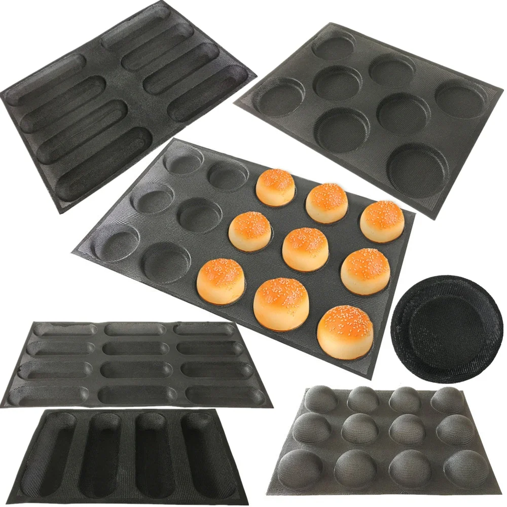 Silicone Mesh Perforated Bread Forms Non-Stick Baking Sheets Hamburger Molds Bun Mould Tray Franch Bread Pan