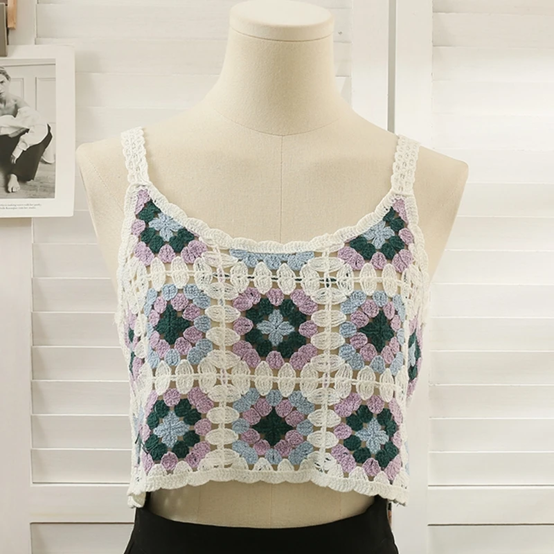 Women Hollow Crochet Sleeveless Camisole Boho Knit Contrast Color Plaid Floral Crop Tank Top Scalloped Trim Sweater Vest