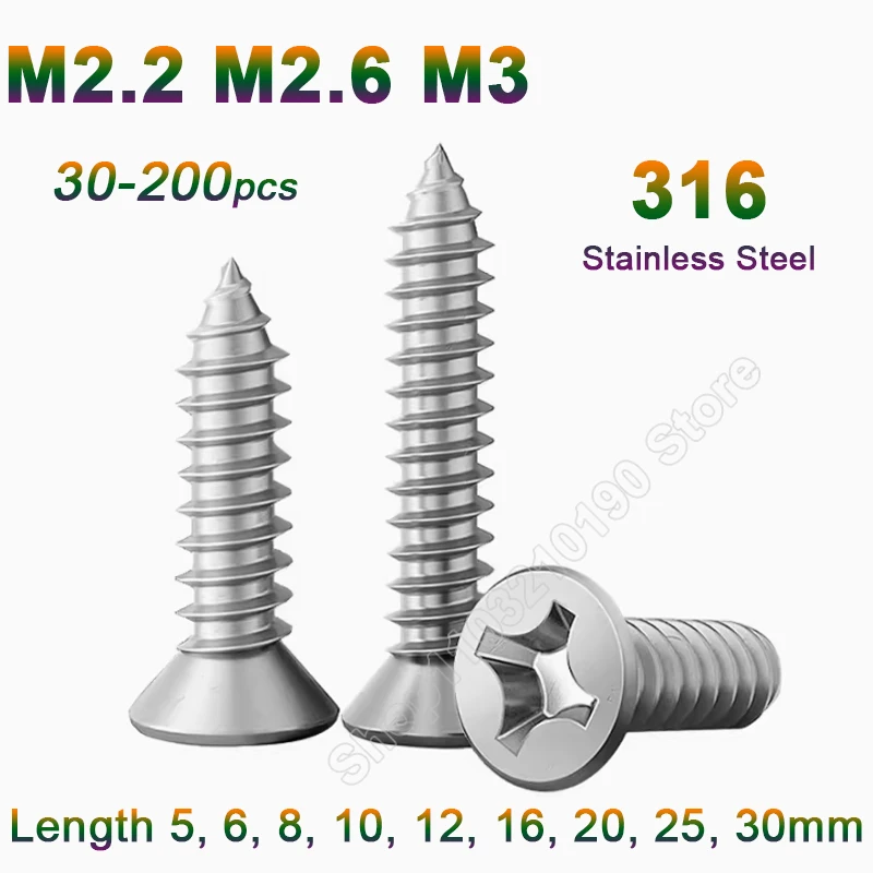 30-200pcs M2 M2.2 M2.6 M3 Small 316 Stainless Steel Cross Recessed Phillips Countersunk Flat Head Self-tapping Screws Wood Screw