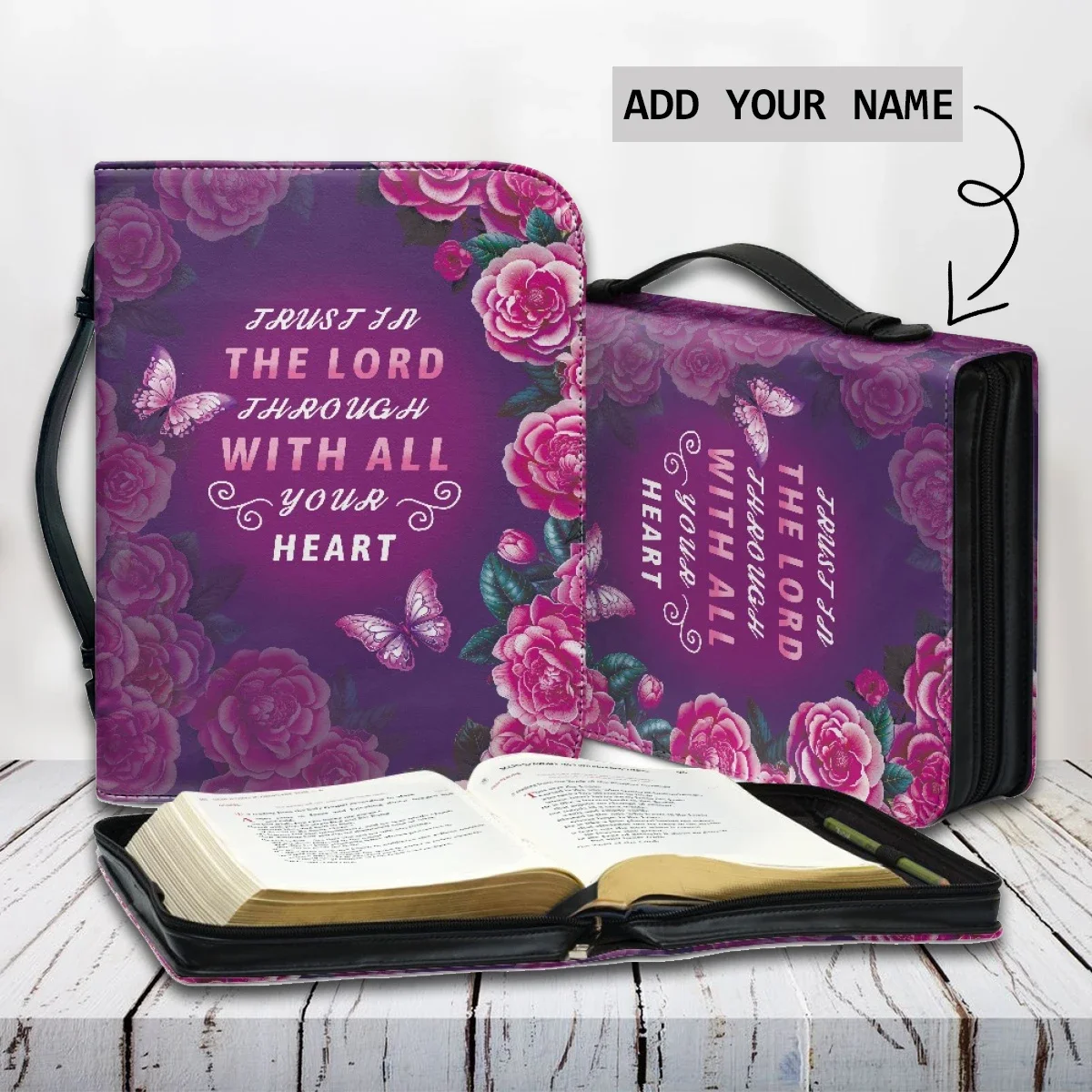 

Purple Floral Butterflies Print Ladies Leather Holy Bible Bag Trust in The Lord Print Women Presonalized Christian Bags 2024