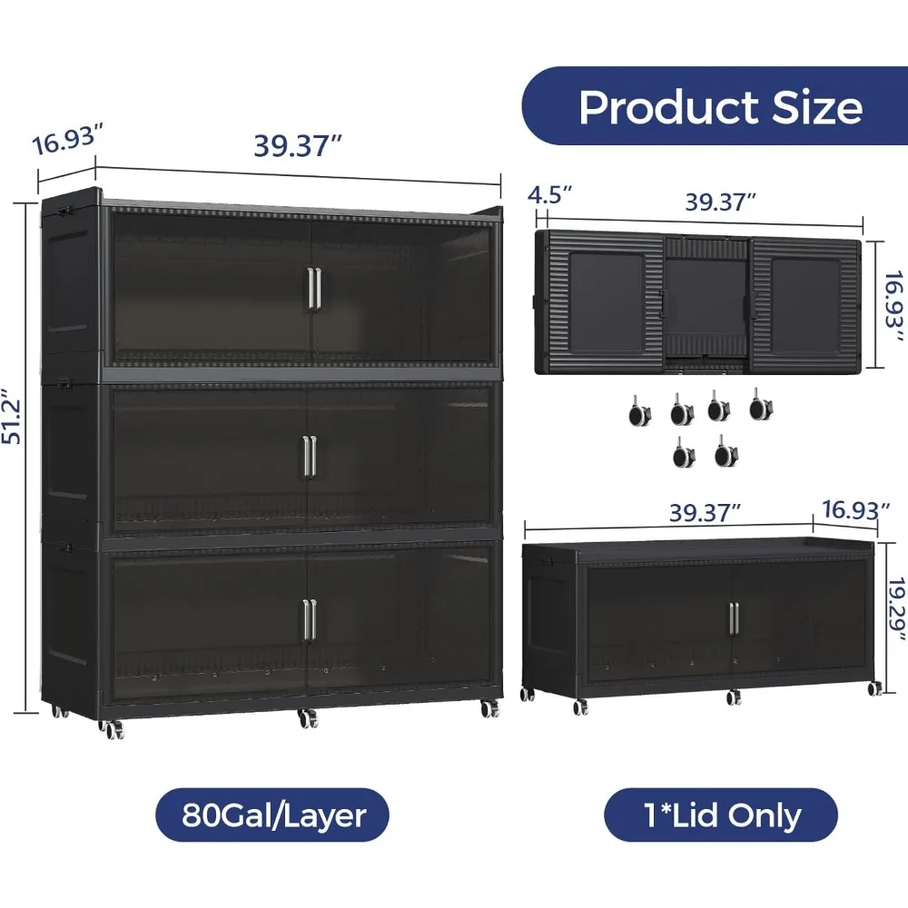 صناديق تخزين كبيرة جدًا بسعة 240 جالون مع أغطية، ومنظمات قابلة للطي سعة 960 لتر على عجلات، وخزائن خزانة قابلة للطي وقابلة للتكديس