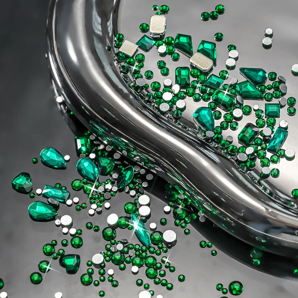 12-شبكة الزمرد الأخضر ثلاثية الأبعاد أحجار الراين الزجاجية متعددة الأشكال هندسية مسطحة مسمار الأحجار الكريمة الفاخرة الأخضر لتقوم بها بنفسك زينة الأظافر لوازم =