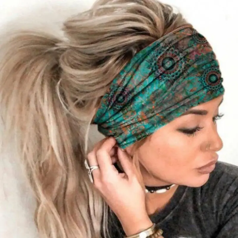 Boho Headband Mandala Flower Hair Band Stretch Sweat-wicking Bandeau for Women with Wide Brim