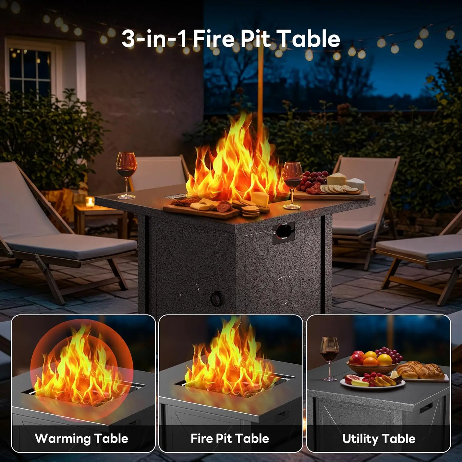 50000 BTU Steel Outdoor Patio Deck Garden Propane Fire Pit with Lid, Lava Rock and 3-in-1 Multi-Use view 3