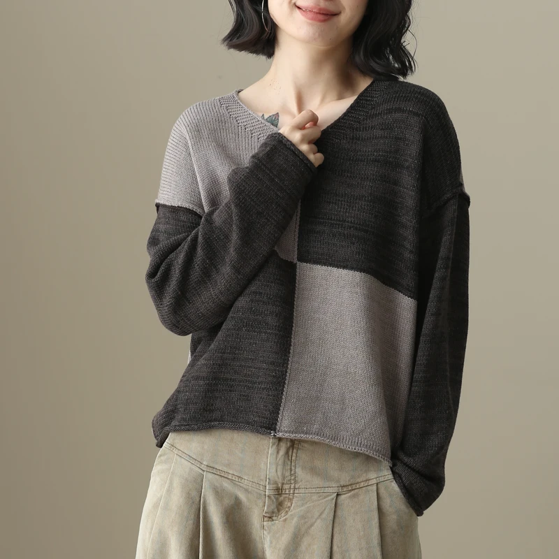 

Pure Cotton Knitted irt Women's Overhead Plaid V-ne Sweater Artistic Base Layer Top New 2025 Left Ear Left Bank