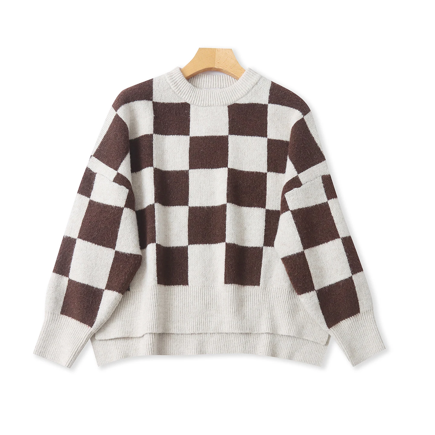 Retro Plaid Strickwaren frauen Herbst Winter Thiened runde Ne Lose Abnehmen Sli Vielseitig Lange Sve Polyester Faser