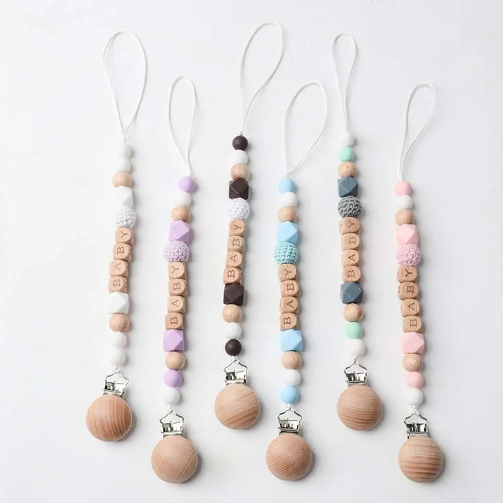 Chain Holder Baby Chew Accessories With Beads Baby Teething Toy Beech Wood Pacifier Clips Infant Nipple Clamp Soother Chains