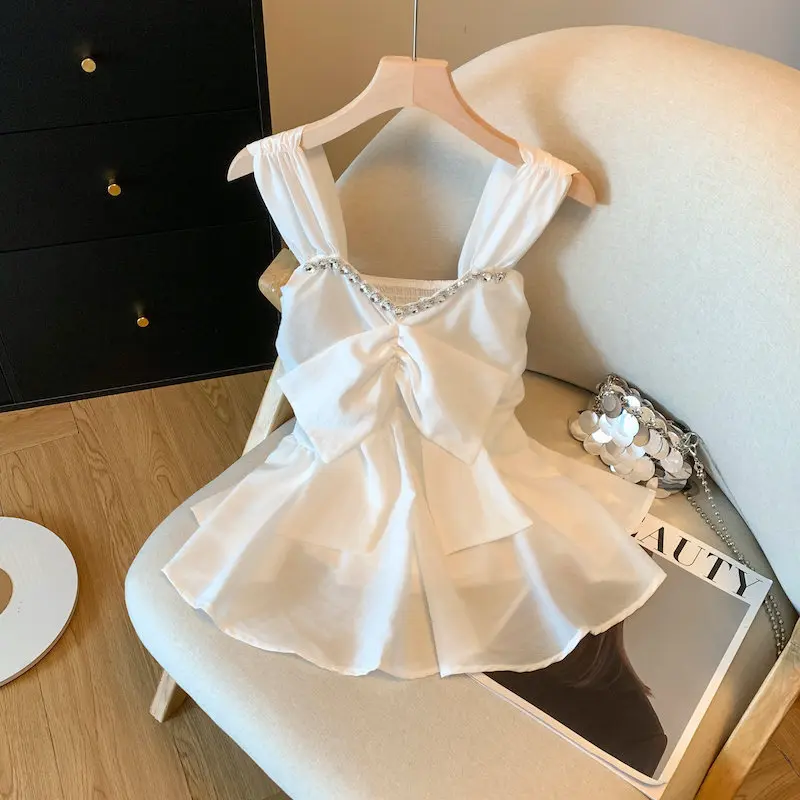 

Sweet Anti-Aging Water Blue Bow Heavy Embellished Vest Summer Design Sleeveless Outerwear Women's Fashion Korean Style