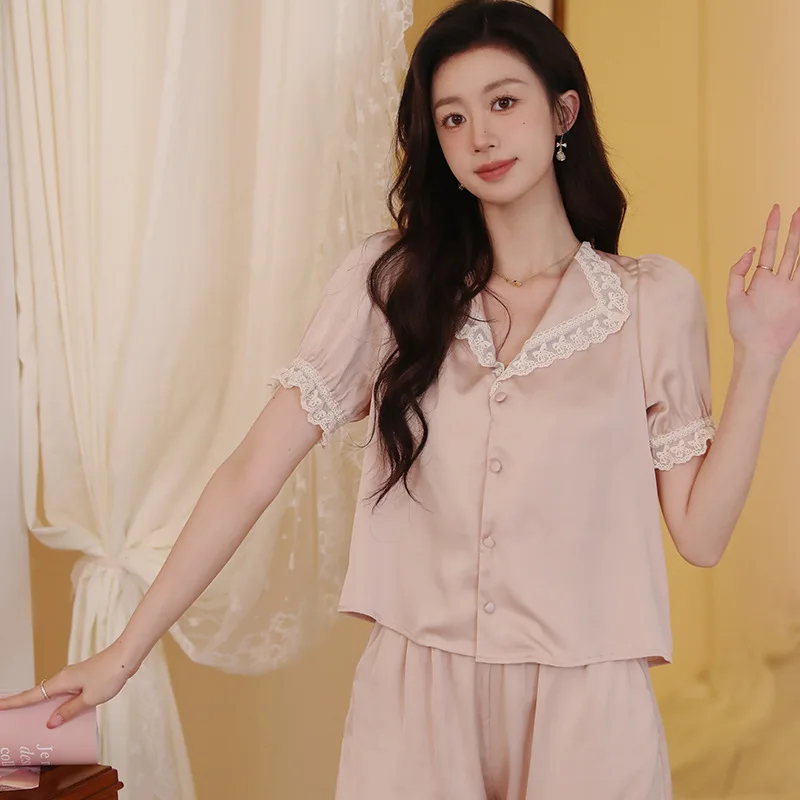 

2023 French Summer Short Sleeve Shorts Ice Silk Pajamas Fairy Lace Lapel V-Neck Loungewear Solid Satin Luxury Clothes Women