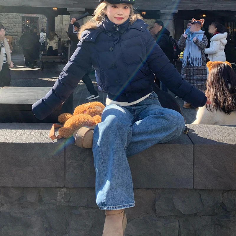 Korean Large Fur Collar Short Padded Jacket Women 2026 Winter New Thick Hooded Parkas Women Retro Zipper Button Puffer Jackets