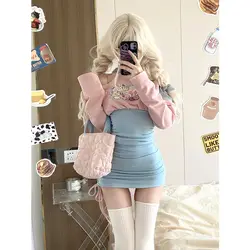 Korean Chic Pink Blue Dress for Women Spring New Slim Waist Bodycon Dresses Y2k E-Girl Off Shoulder Long Sleeve Vestidos Mujer