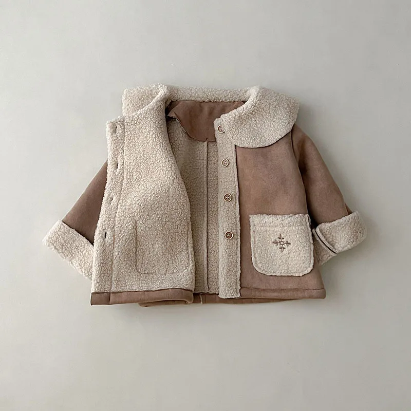 2023 Winter New Jacket For Kids Girls Embroidery Turn-down Collar Coat