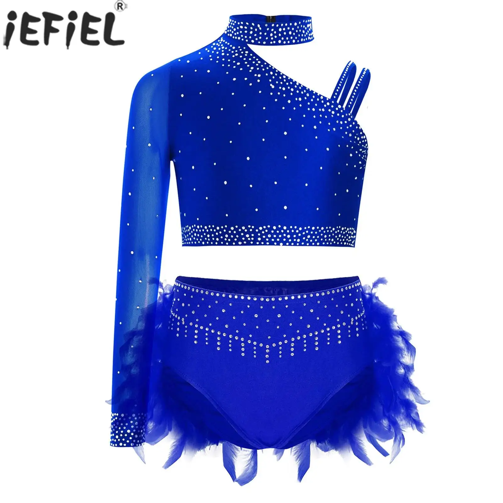 Haut court de danse Jazz latine lyrique pour enfants filles, strass brillants, avec slip en plumes, jupe de patinage artistique, tenue de spectacle Cha-cha