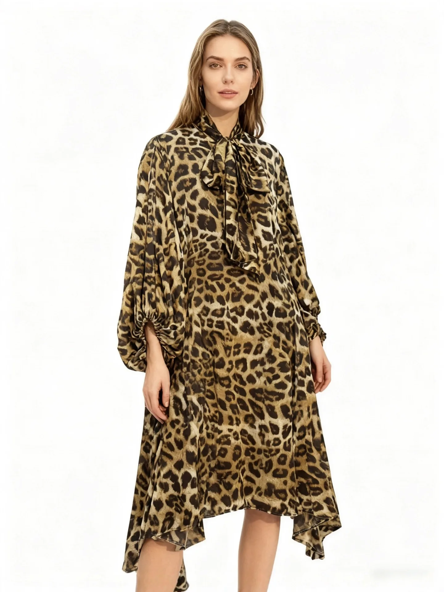 

Jarlrysberg Высококачественное платье миди с принтом для женщин с рукавами-фонариками и бантом на шнуровке Свободное шикарное элегантное праздничное платье с леопардовым принтом