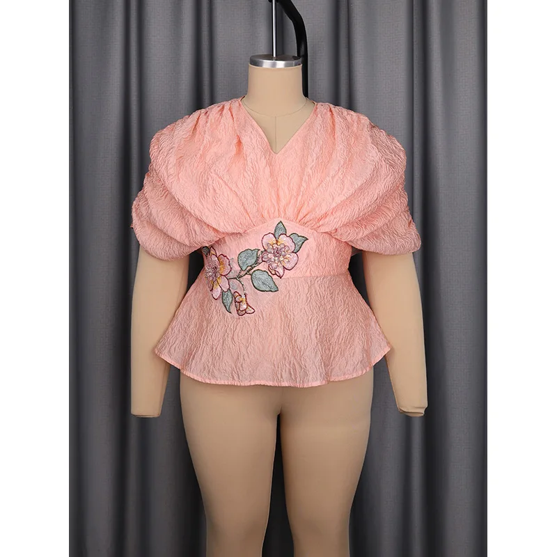 Picture 3: Slergiri Plus Size Floral Embroidery V-neck Peplum Blouse Women Summer Party Elegant Office Ladies Batwing Sleeve Shirt Tops