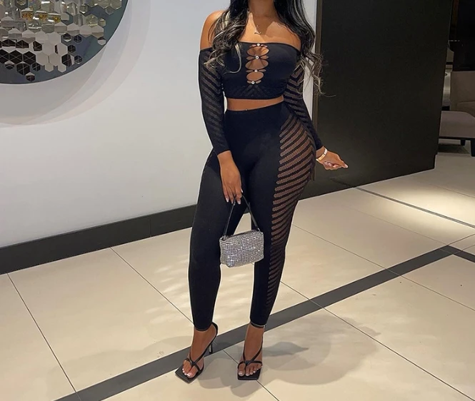 Women's Casual 2 Piece Outfits Mesh Perspective Hollowed Out Rhinestone Wrapped Long Sleeved Strapless Top and Tight Pants Set