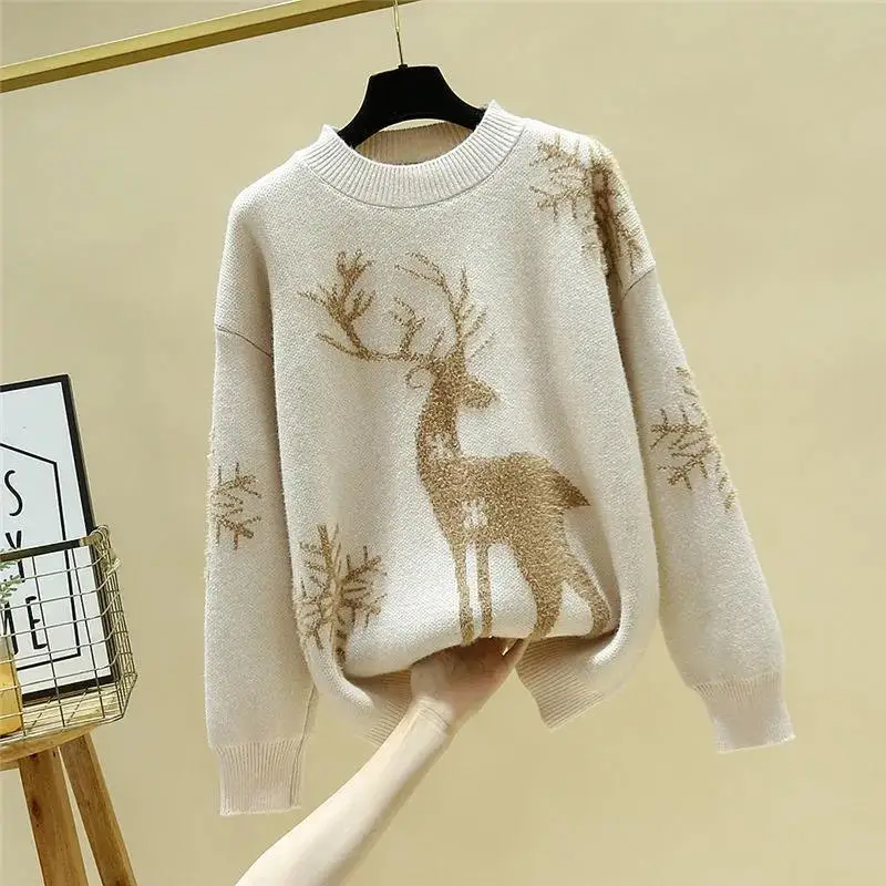 2023 Autumn Winter New Cartoon Christmas Elk Casual Knitted Sweaters Commute Elegant Solid Color Thick Warm Chic O-Neck Jumpers