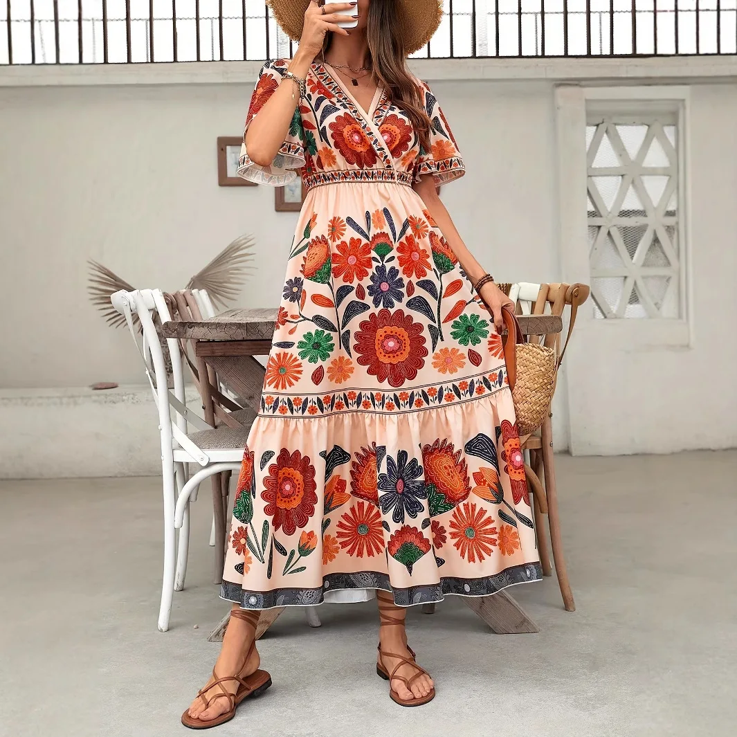 2025 여름 보헤미안 크로스넥 반팔 맥시 드레스 (여성용, 허리 조절 가능, 플로럴 프린트, 루즈핏, 휴가룩)