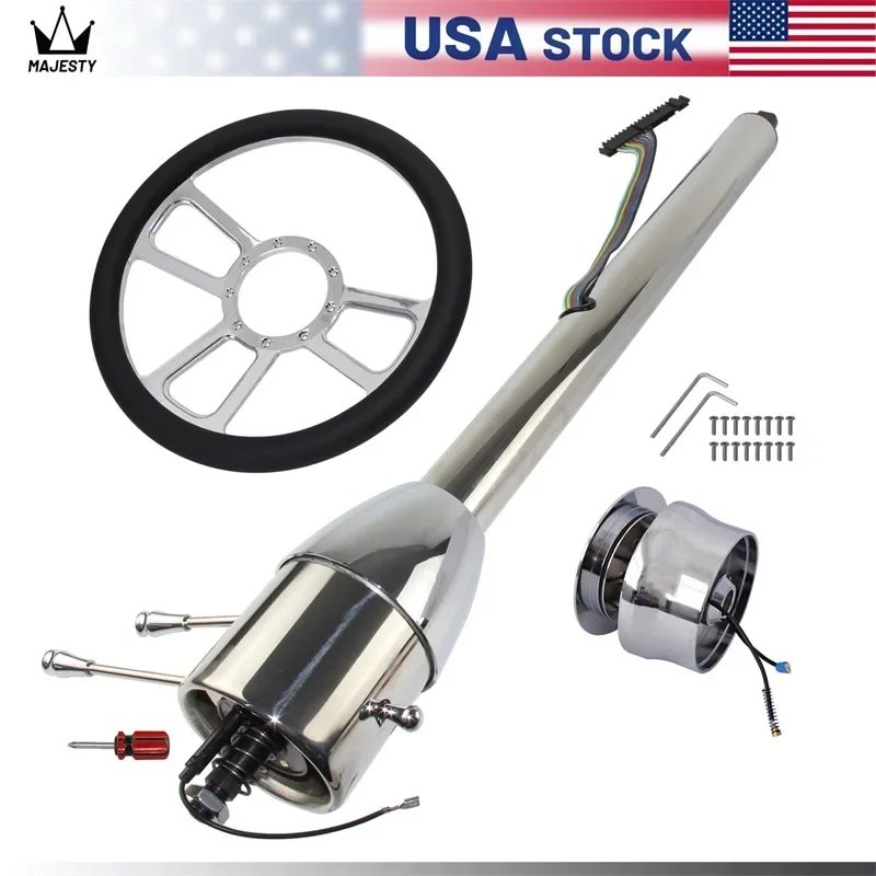 Universal GM 32''/30''/28'' Tilt MT Manual Steering Column GM + 14'' 9 Bolt Steering Wheel Silver/Black