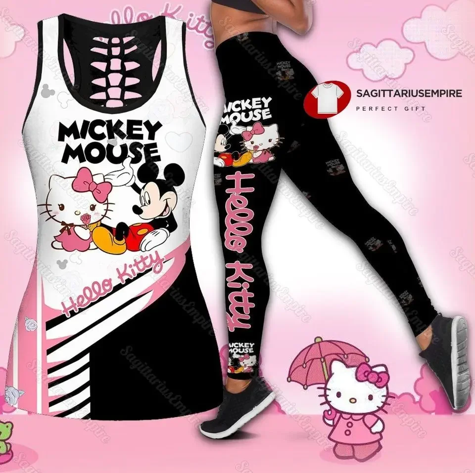 Disney Mickey Mouse Women's Cutout Tank Top Leggings Yoga Set Summer Fitness Leggings Tracksuit Hollow y2k Leggings Set