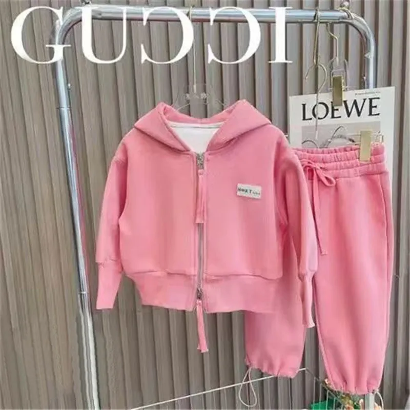 2024 Spring Autumn Children\'s Sports Suit Korean Version Baby Girls Zipper Hooded Cotton Coat Casual Long Pants Two-piece Set