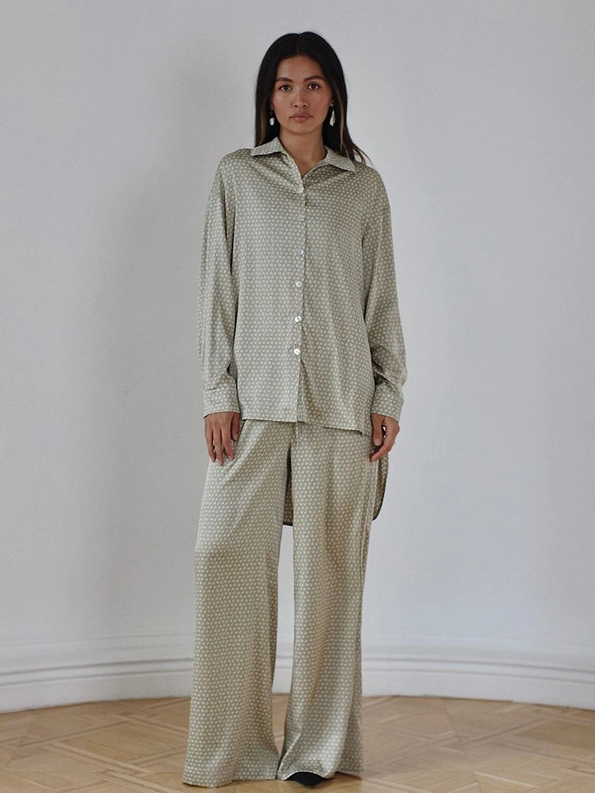 

Marthaqiqi Printing Female Nightwear Suit Long Sleeve Nightgown Turn-Down Collar Sleepwear Pants Casual Women Pajama 2 Piece Set