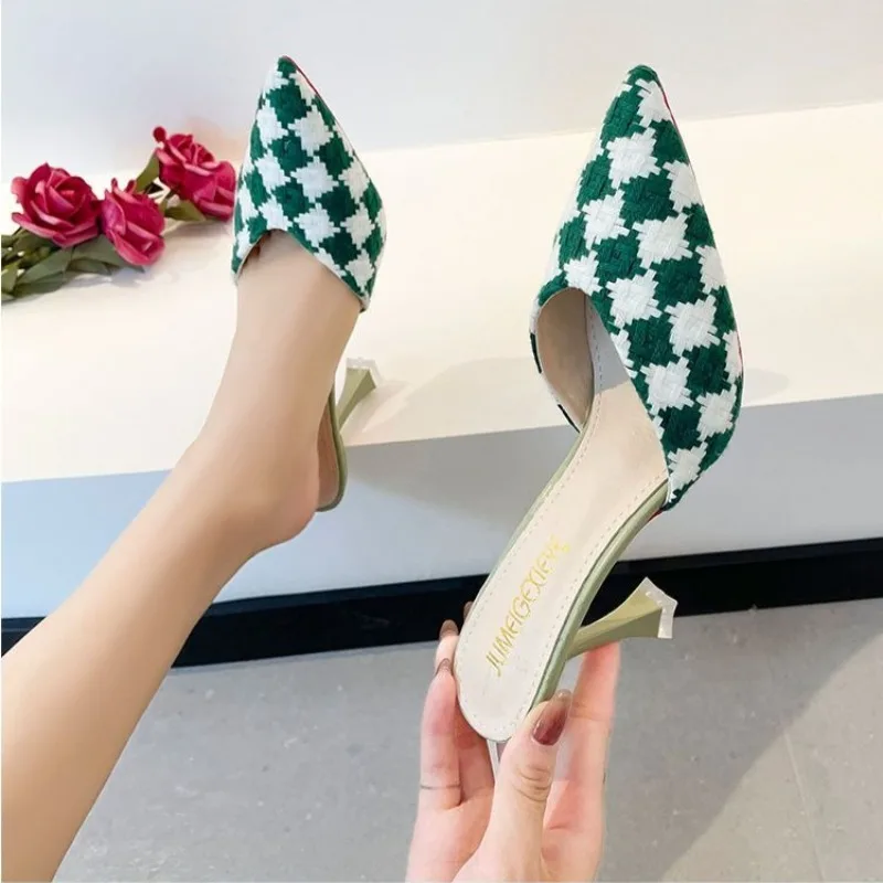 Women's Spring Summer Closed Toe Stiletto Heel Mules Woven Style Elegant Fashionable Versatile Outdoor Wearable view 4