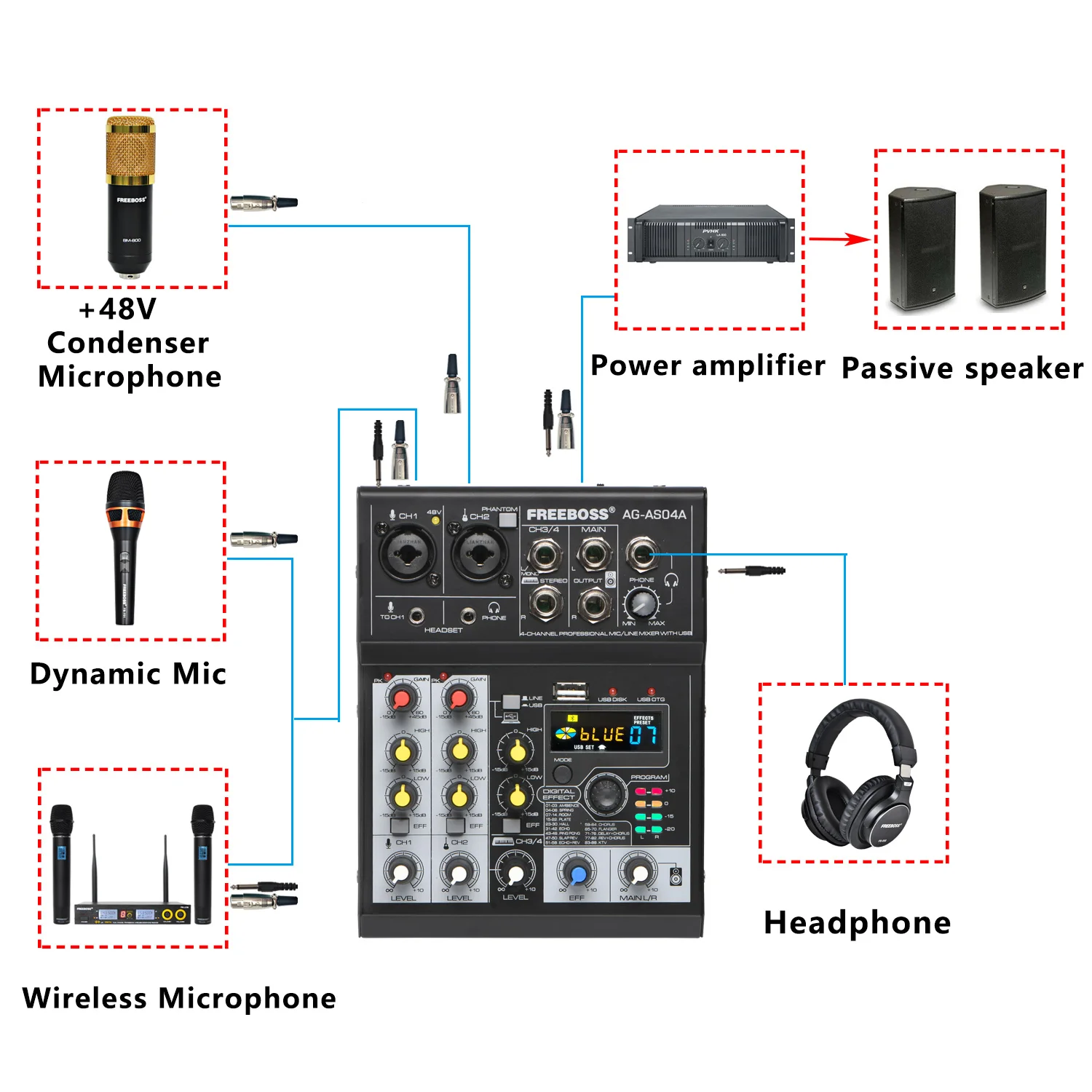 FREEBOSS AG-AS04A-B 4 canali 88 DSP Effects Mixing Console Smart Phone Computer Bluetooth USB Record Play Mixer Audio