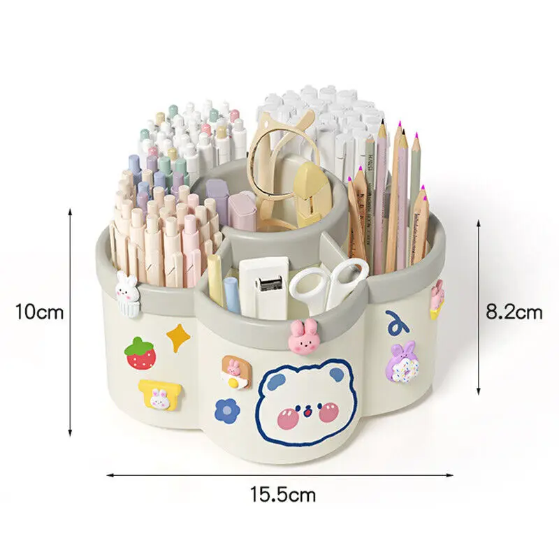6 Compartment Cartoon Rotating Pen Organizer Desktop High Capacity Storage Pen Holder For School Office Storage Box