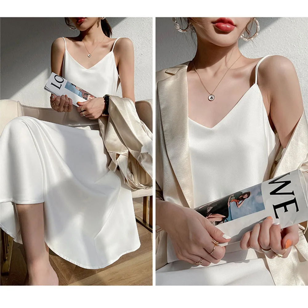 Women Sexy Style Summer Slip Dress V Neck Solid A-line Slim Pullover Fashion Temperament Women's Casual Satin Long Dresses 2022