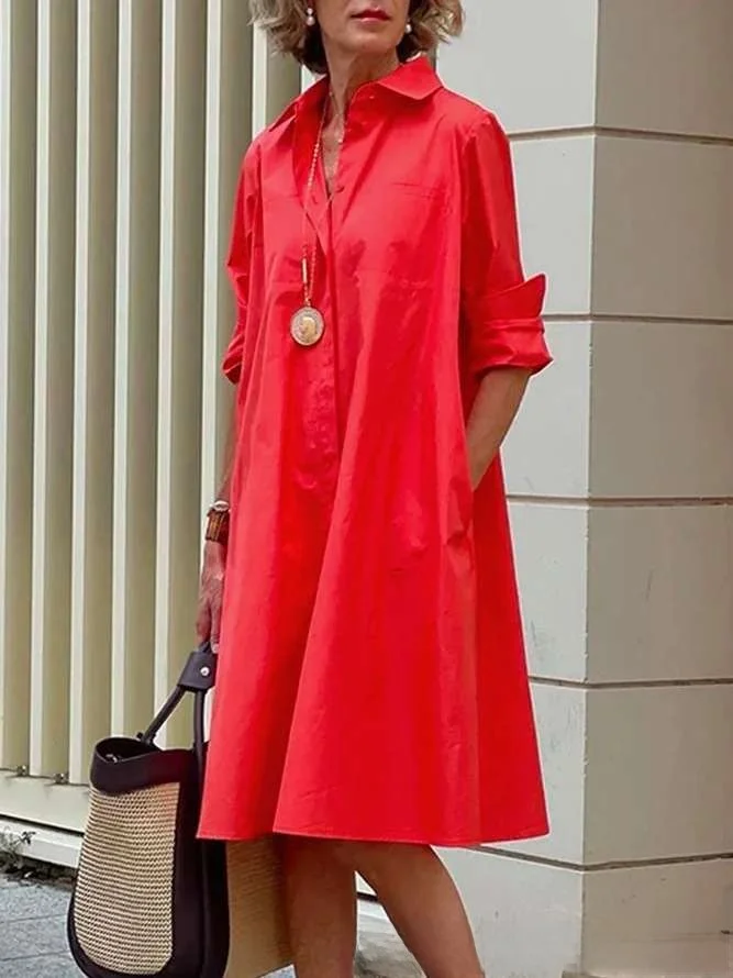 Women's Modern Sle Long Sve Loose irt Dr Simple Pure Color Basic Design Polyester Fiber 00% ort Skirt