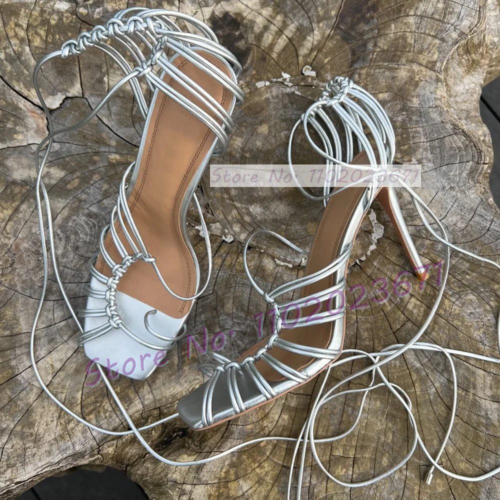 Chic Corded Lace-up Caged Sandals Women Sexy Square Toe Thin High Heels Cross Strap Dress Shoes Ladies Summer Strappy Sandals