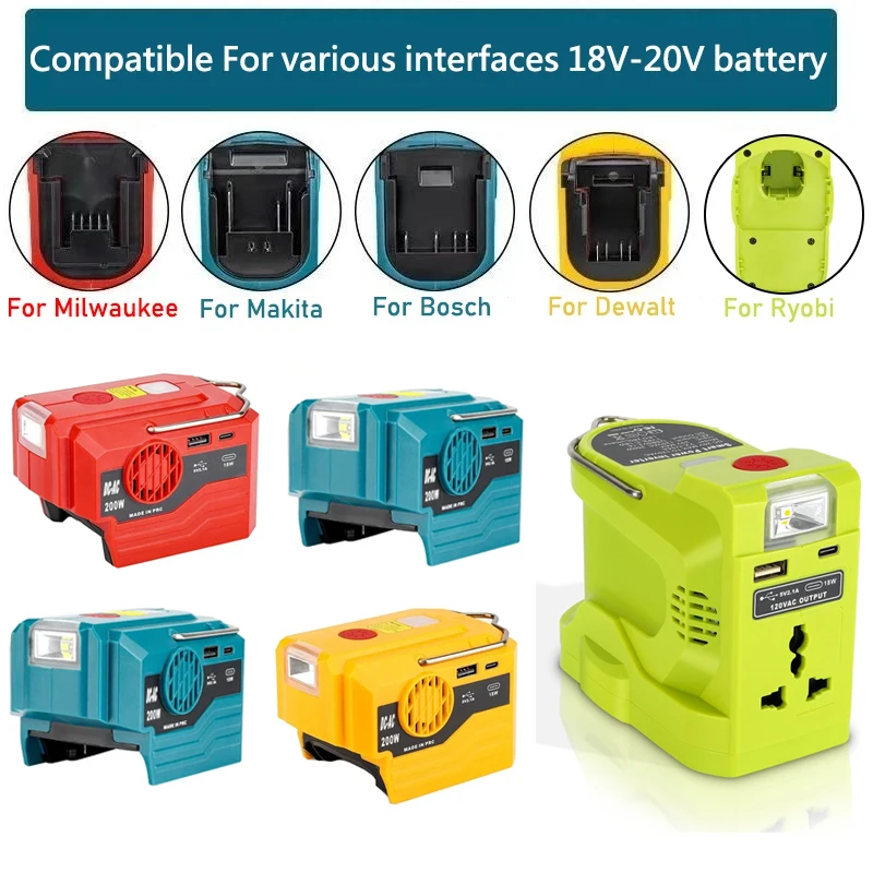

For Makita/Bosch/Ryobi/Dewalt/Milwaukee 18V 20V Li-ion Battery 200W Power Inverter To AC 120V/220V with 280lumen LED Work Light