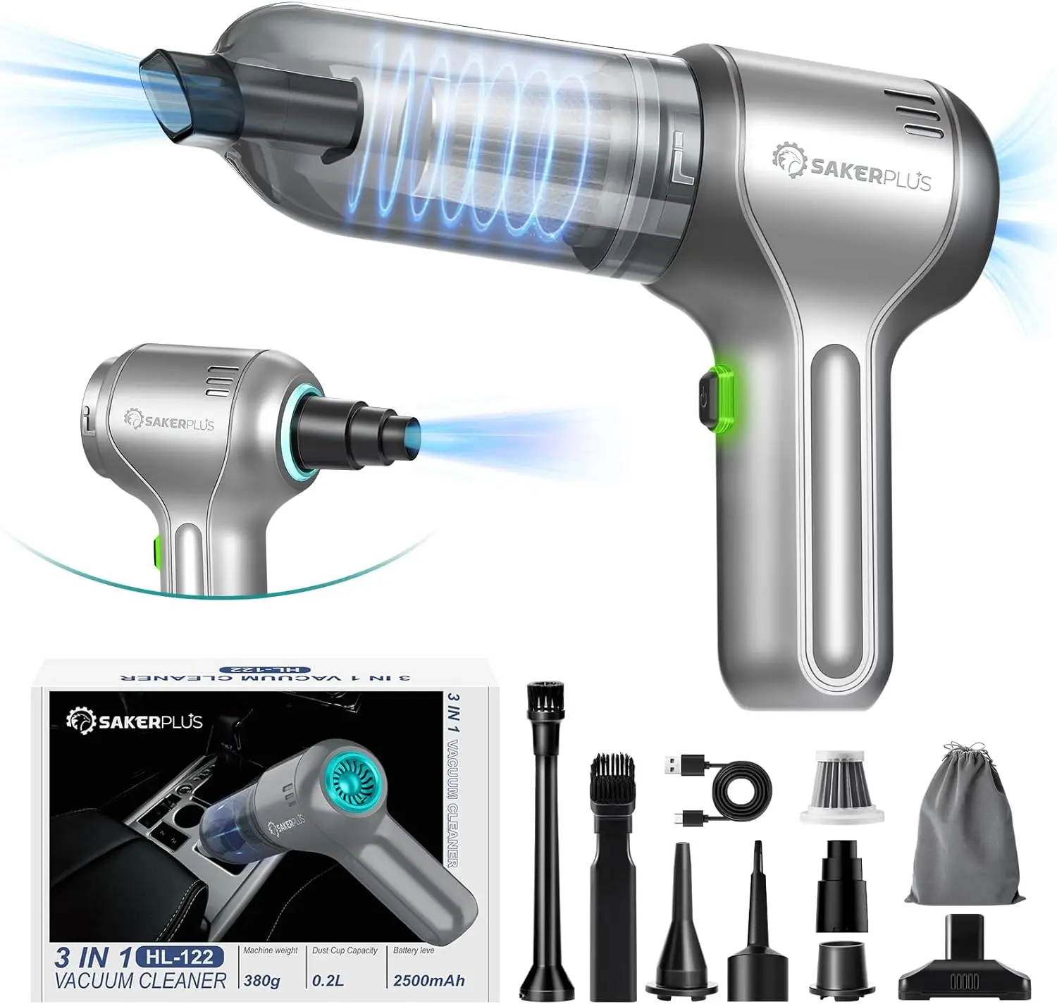 

Wireless Car Vacuum Cleaner, 12000PA Suction, Brushless Motor, 3-in-1 Portable Cordless Vacuum for Cars, Home, Office