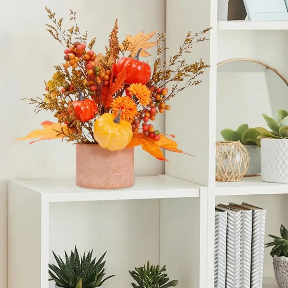 Durable Harvest Festival Pot Ornament Plastic Fake Autumn Leaf Maple Leaf Pumpkin Ornament Decorative Vibrant Artificial