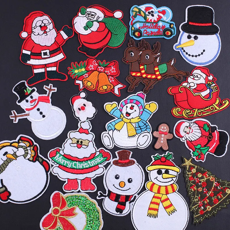 Cartoon Christmas Patches on Clothes Stickers Santa Claus Tree Snowman Bells Elk Iron on Embroidered Patches for Clothing Badges