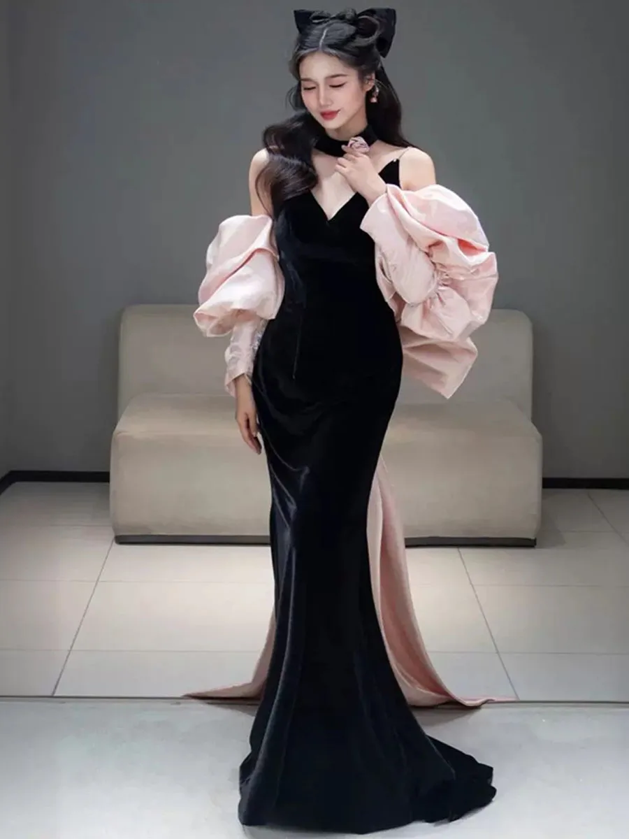 

Ele Velvet Long Dr Sexy Bal V-Ne Strap Gown Pink Bow Tie Tail Women's Evening Dr Par Wedding Dr